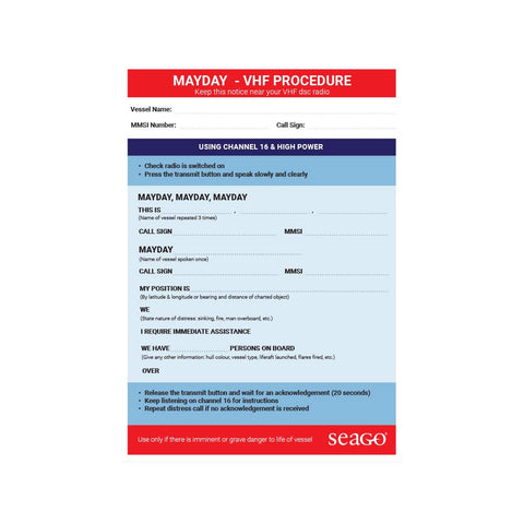 VHF DSC Mayday Procedure Card
